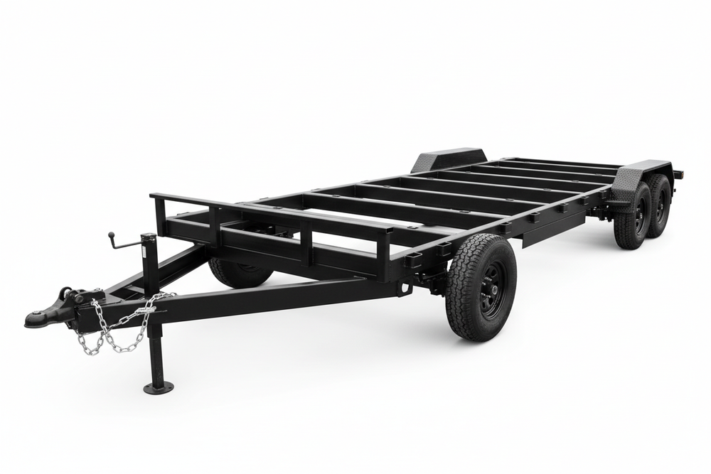Remorque plate pour tiny house - vue trois-quarts avant