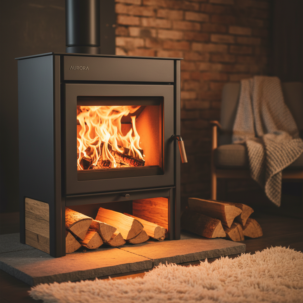 Poêle à bois pour tiny house - gros plan avec feu