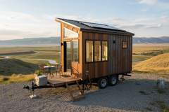 Remorque plate avec tiny house montée