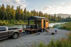 Remorque plate avec tiny house montée
