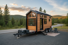 Remorque plate avec tiny house montée