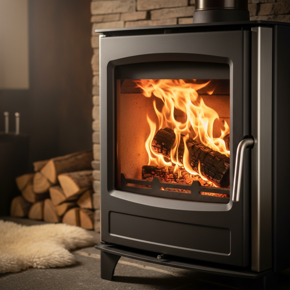 Poêle à bois pour tiny house - gros plan avec feu