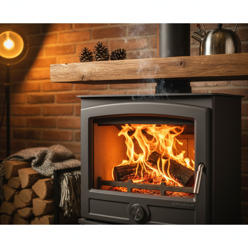 Poêle à bois pour tiny house - gros plan avec feu