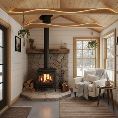 Poêle à bois installé dans une tiny house
