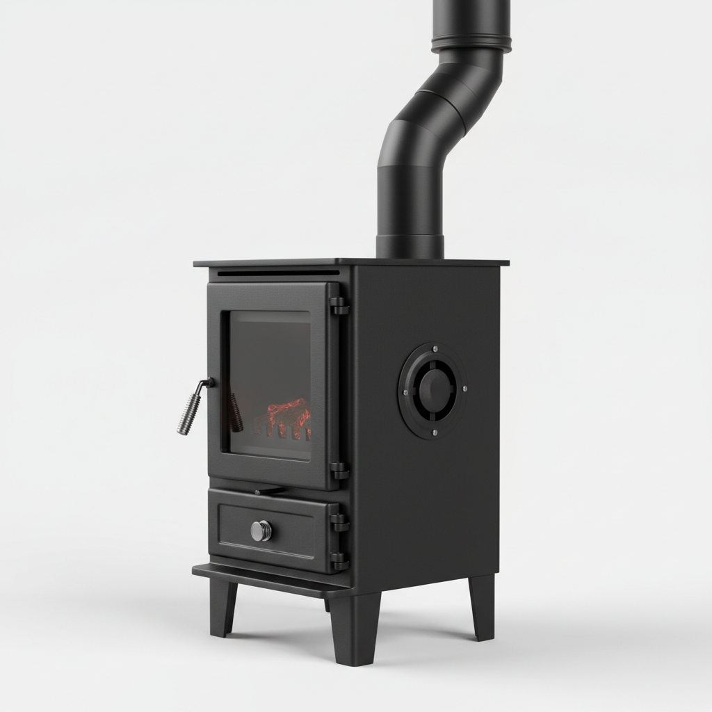 Poêle à bois pour tiny house - vue de côté avec tuyau