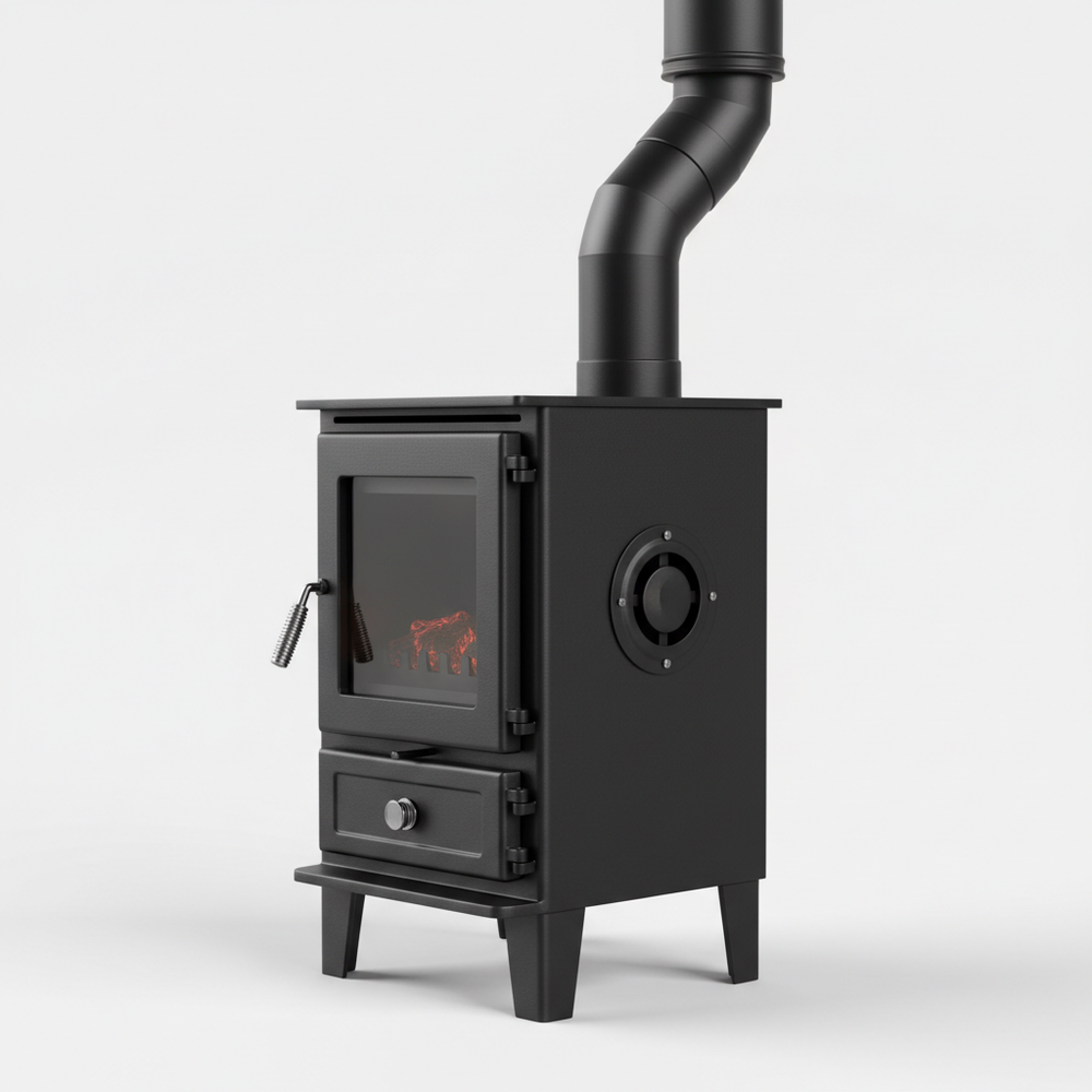 Poêle à bois pour tiny house - vue de côté avec tuyau