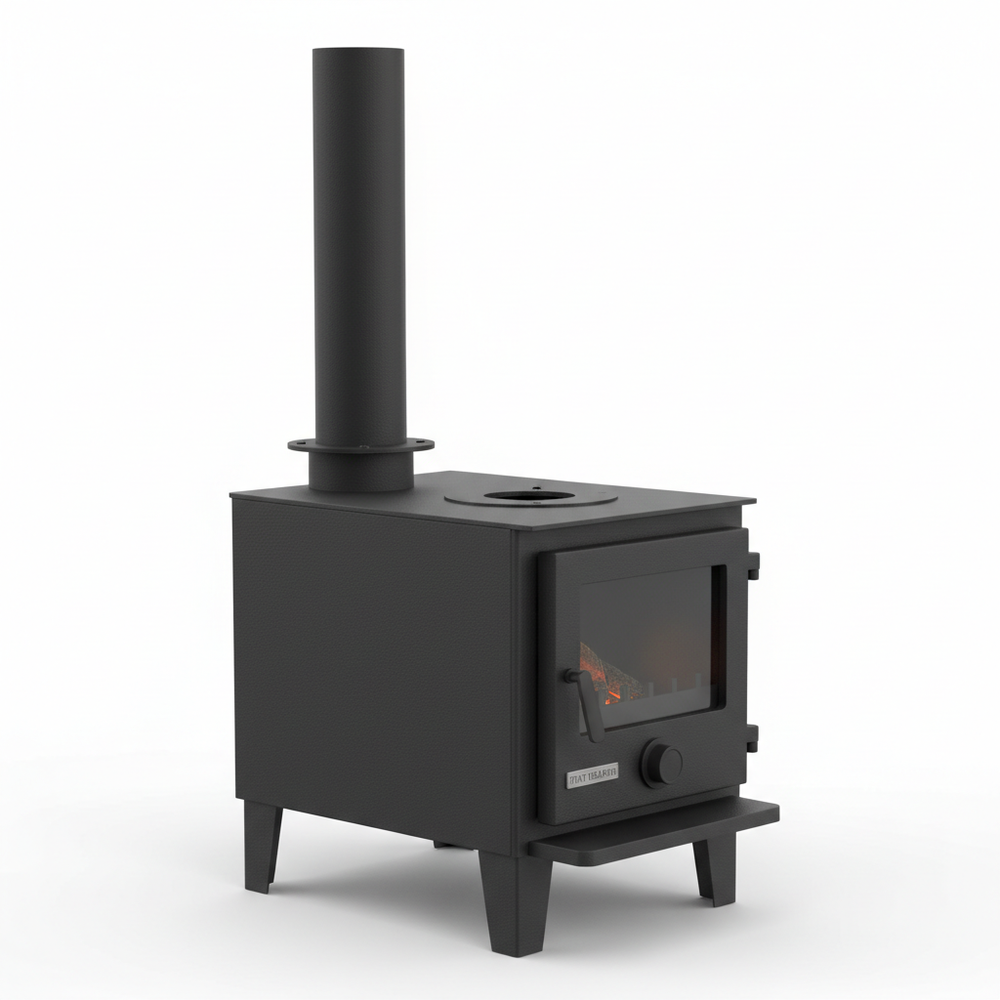 Poêle à bois pour tiny house - vue de côté avec tuyau