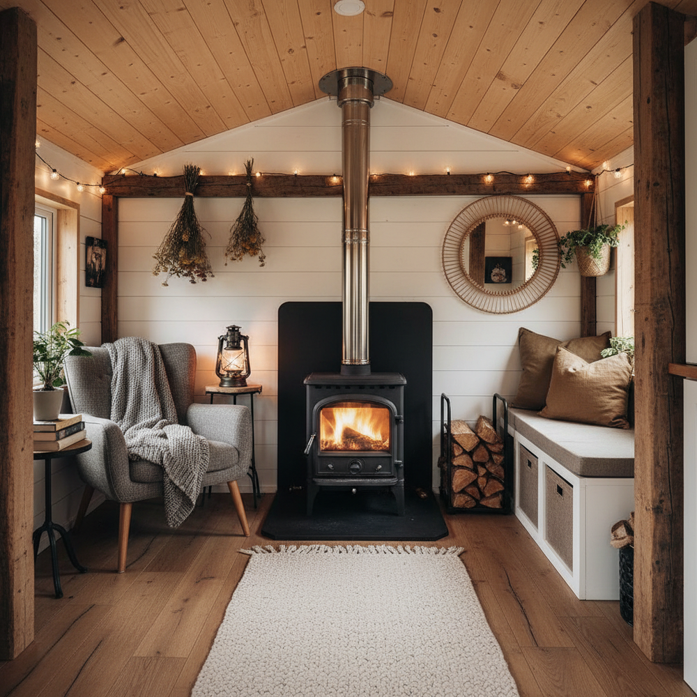 Poêle à bois installé dans une tiny house