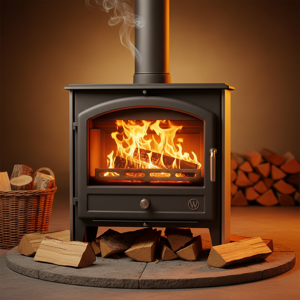 Poêle à bois pour tiny house - gros plan avec feu