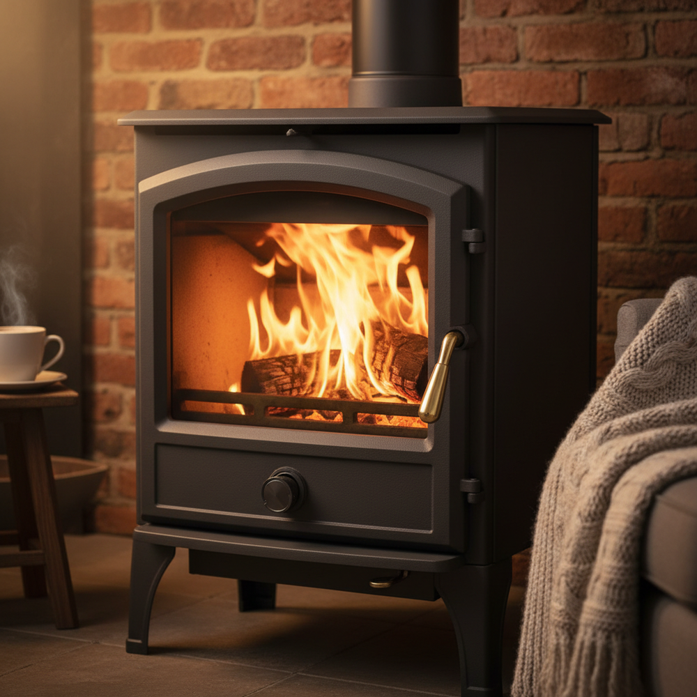 Poêle à bois pour tiny house - gros plan avec feu