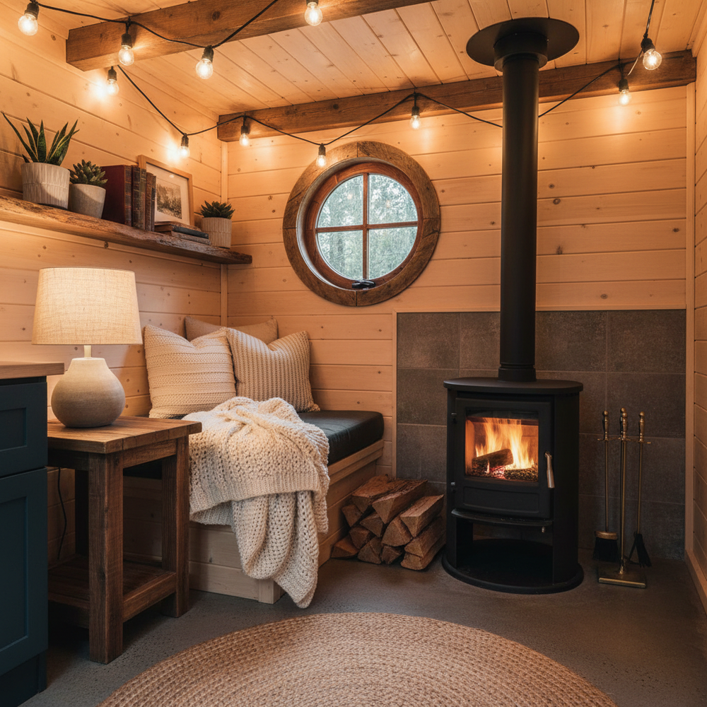 Poêle à bois installé dans une tiny house
