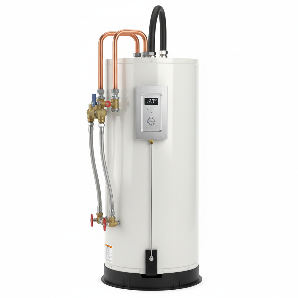 Chauffe-eau pour maison mobile - vue de côté avec raccords