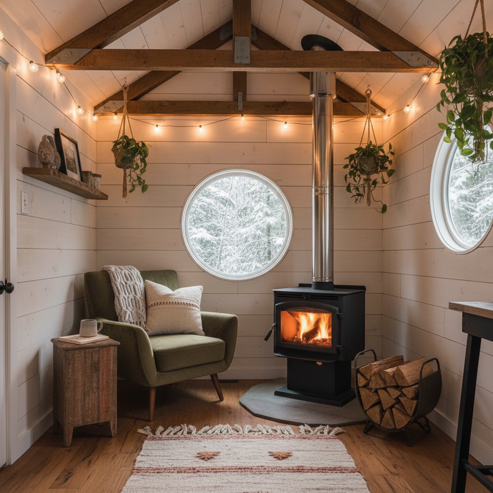 Poêle à bois installé dans une tiny house