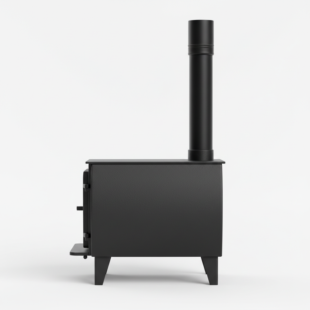 Poêle à bois pour tiny house - vue de côté avec tuyau