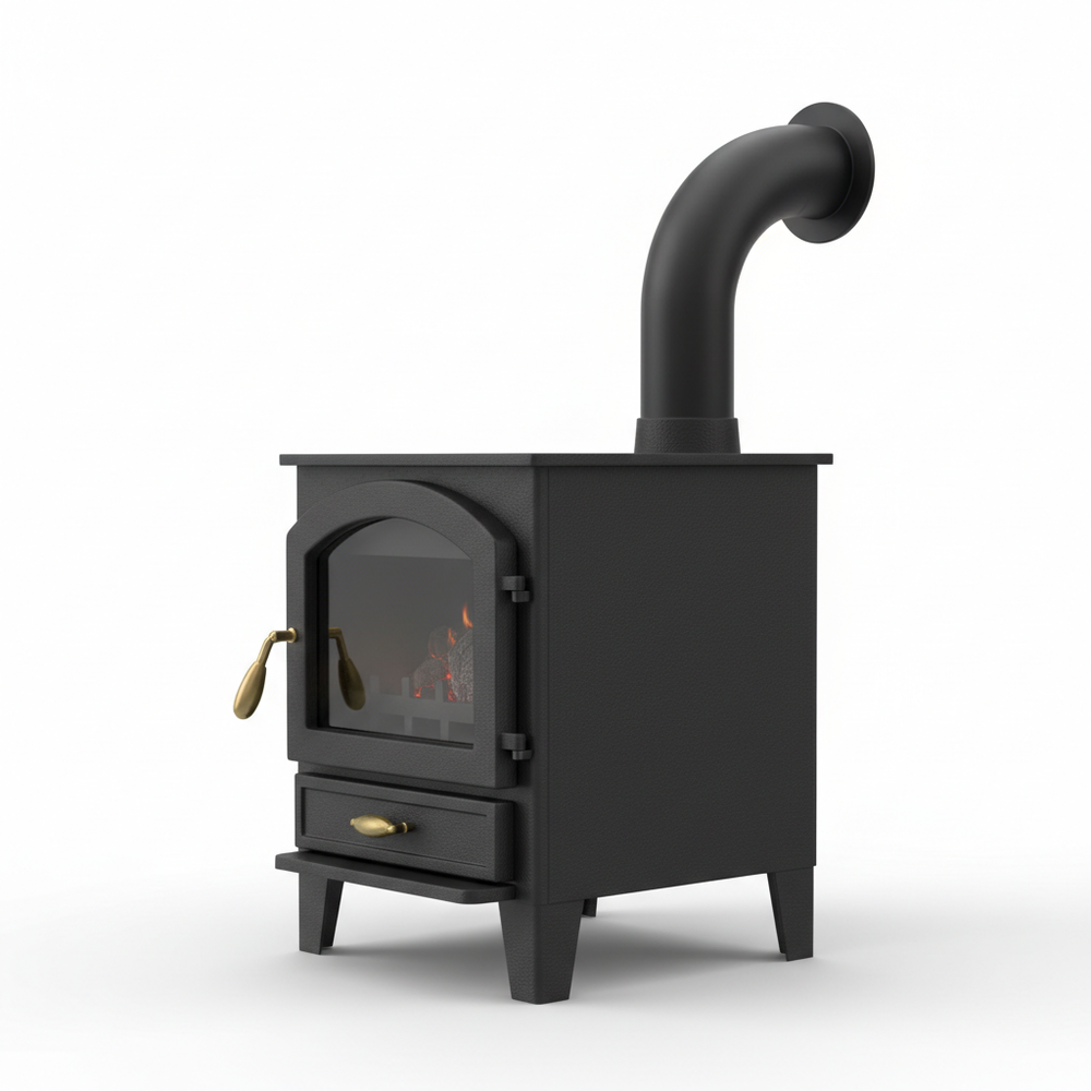 Poêle à bois pour tiny house - vue de côté avec tuyau