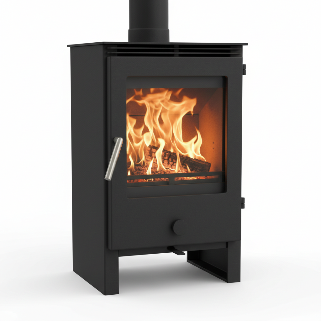 Poêle à bois pour tiny house - gros plan avec feu